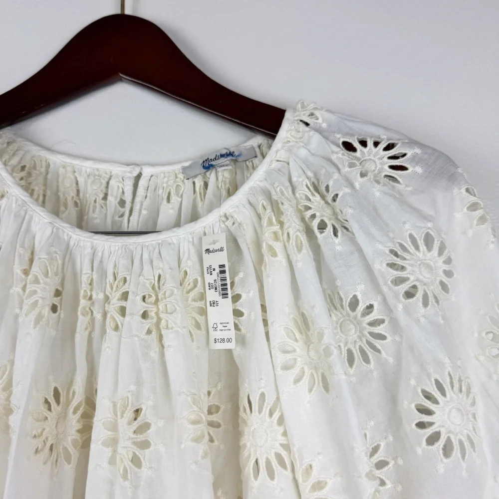 Madewell Embroidered Floral Cutouts Cotton Puff-Sleeve Top Cream Size M NWT